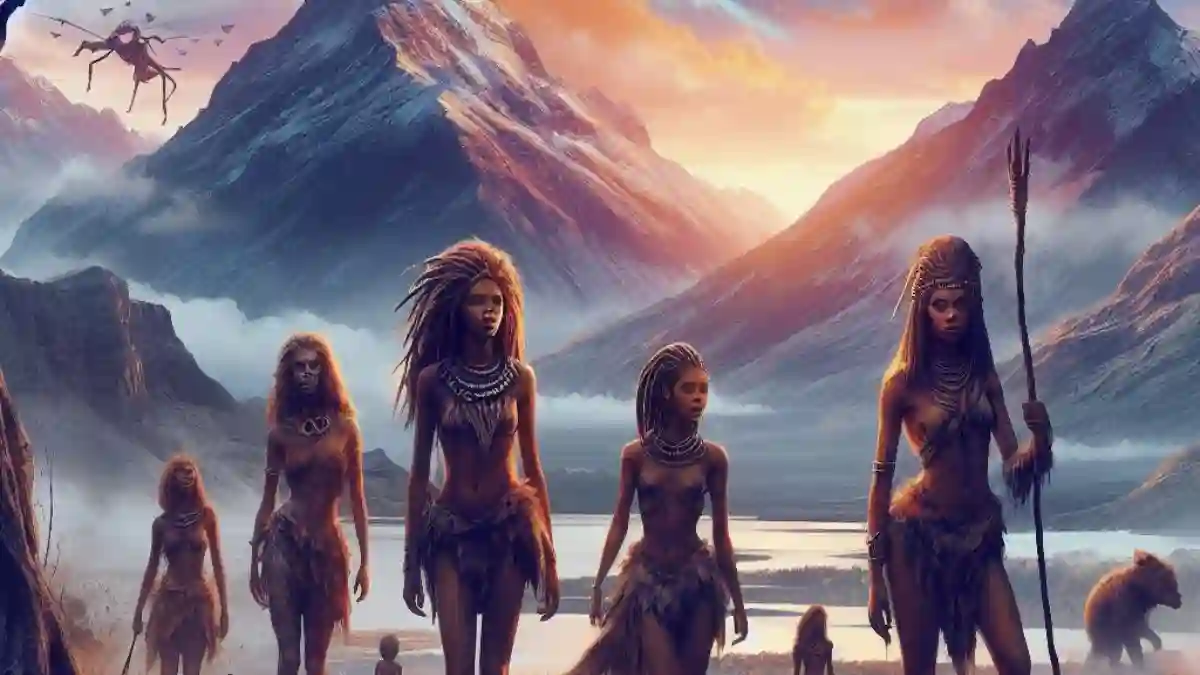movie poster style Prehistoric women