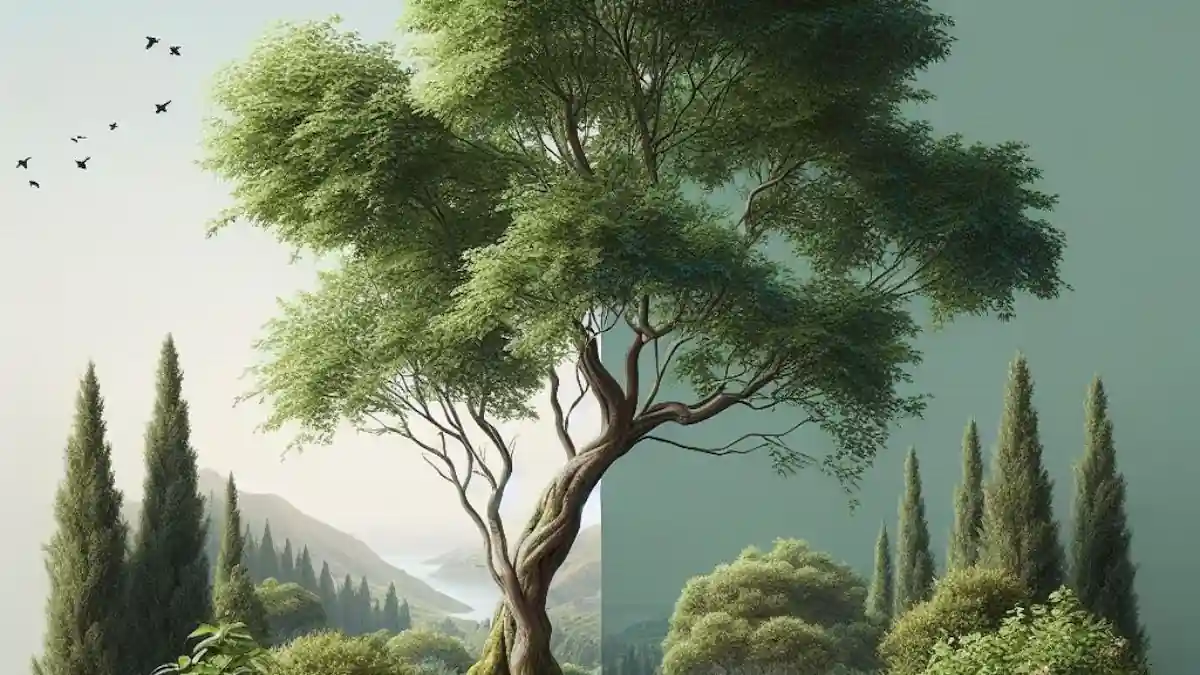 ilustratie digitala cu un arbore si pasari in stanga si arbusti in dreapta
